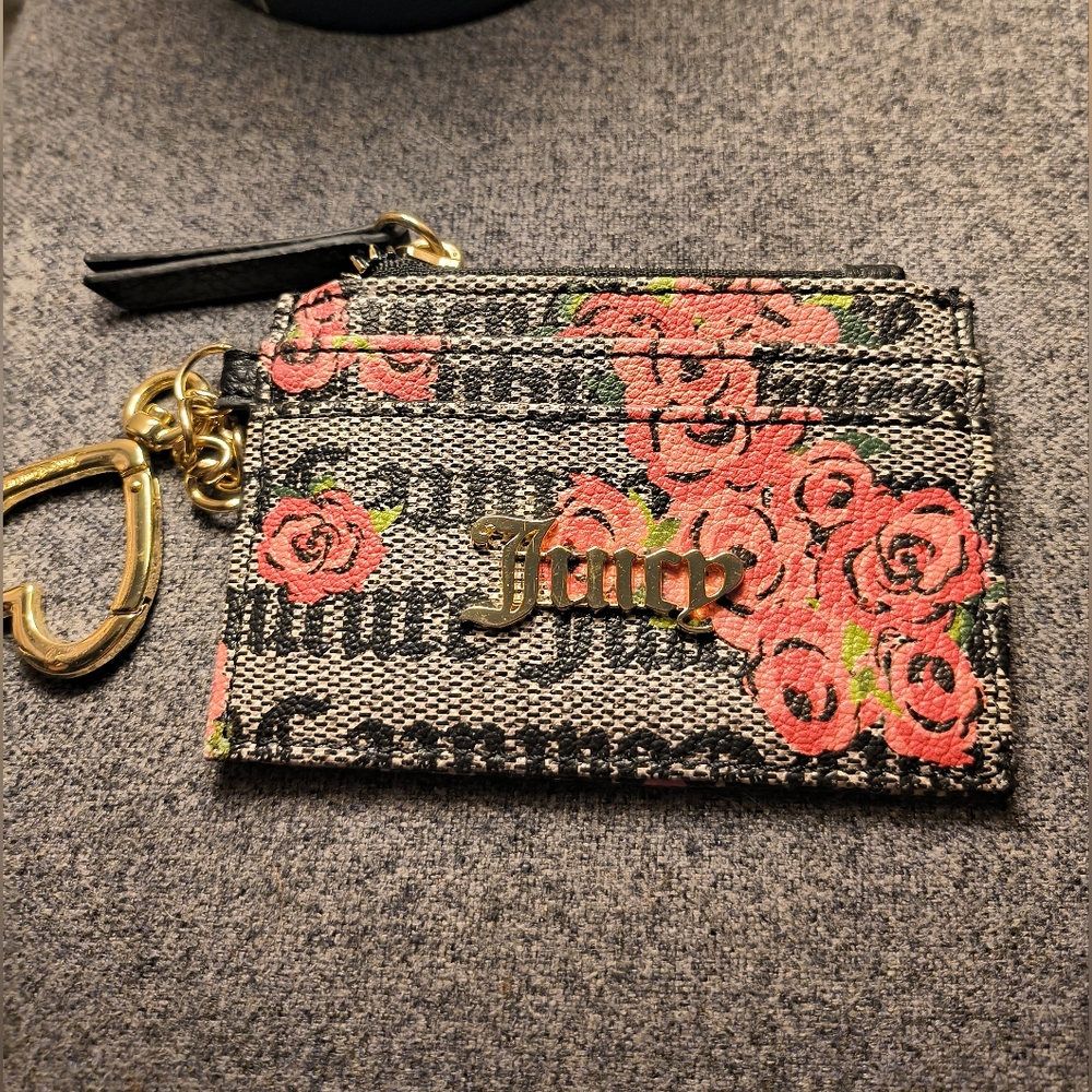 Juicy Couture Gothic Print Rose Cardholder Wallet Heart Keychain